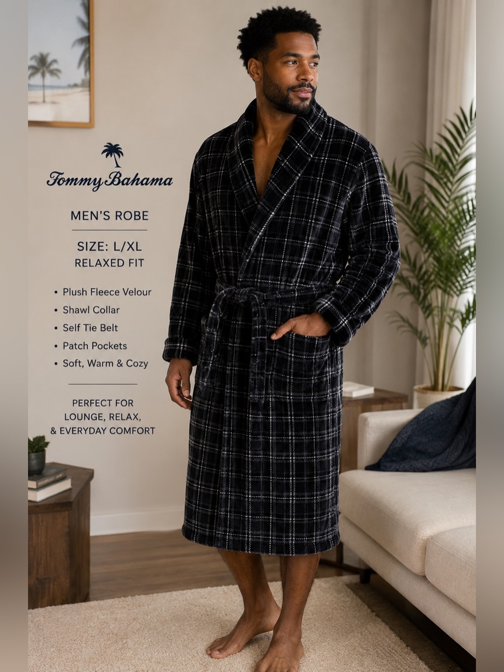 Tommy Bahama Plaid Plush Fleece Robe L/XL Shawl Collar Belted Cozy Luxury